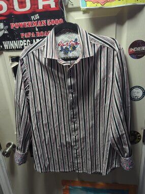 Robert Graham Mens Medium Med M Striped Flip Cuff Long Sleeve Button Shirt A272